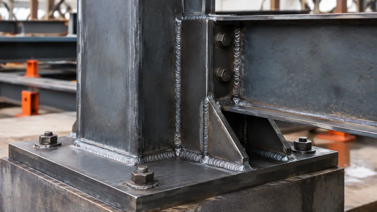 Close-up of a welded steel beam-to-column connection showing base plates, cleats and clean weld runs