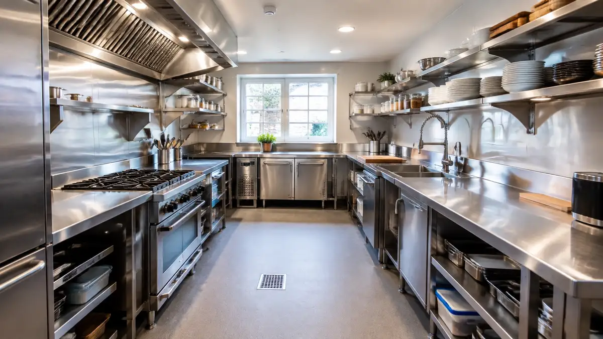 Finished UK restaurant kitchen with stainless steel worktops, shelving and splashbacks installed