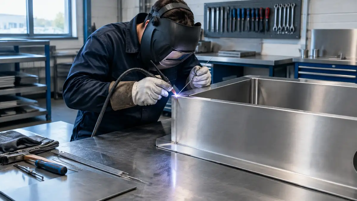 Fabricator TIG welding a stainless steel commercial kitchen component at a tidy workshop bench