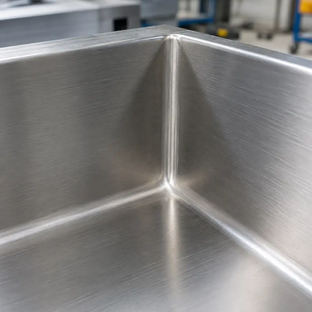 Close-up of a fully welded and dressed stainless steel commercial kitchen corner joint with a smooth seamless finish