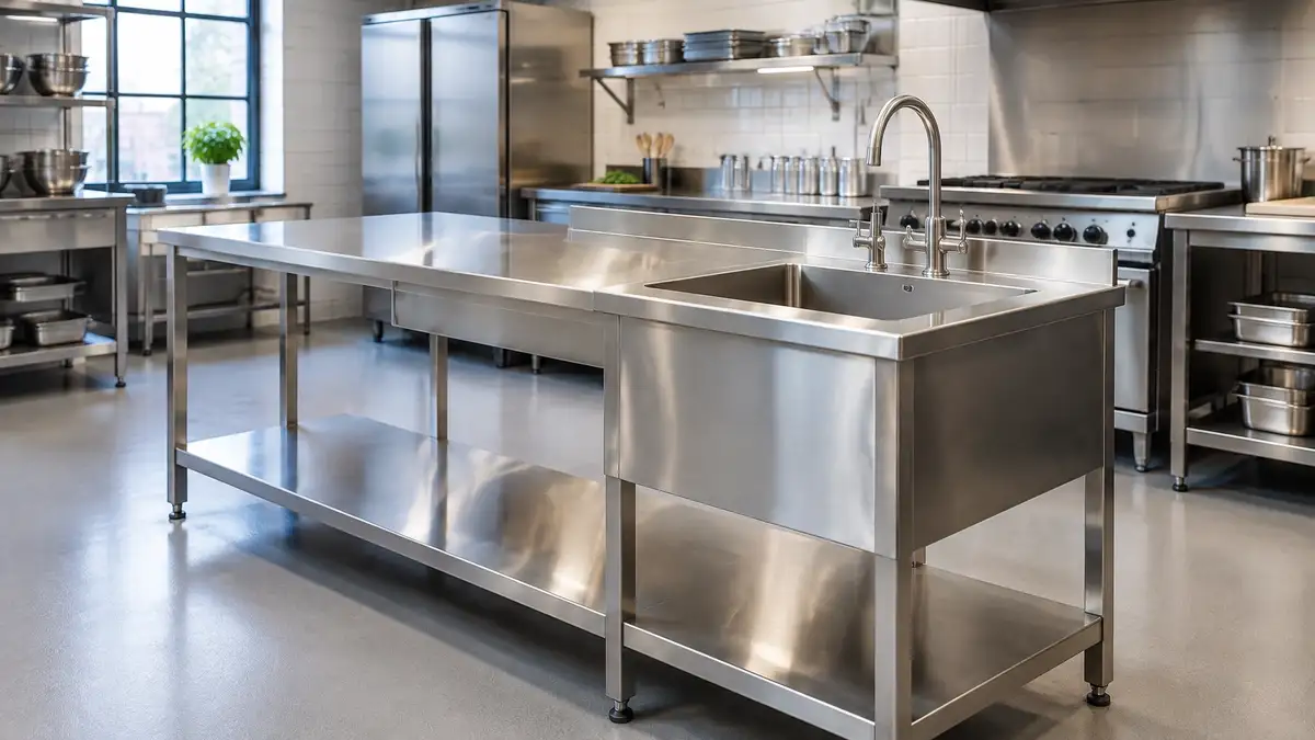 Newly fabricated commercial stainless steel kitchen worktable and sink unit in a bright professional kitchen