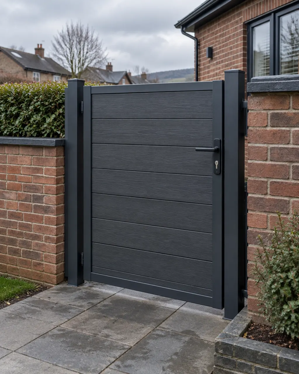 Modern steel gate with dark composite board infill panels set in a powder-coated frame
