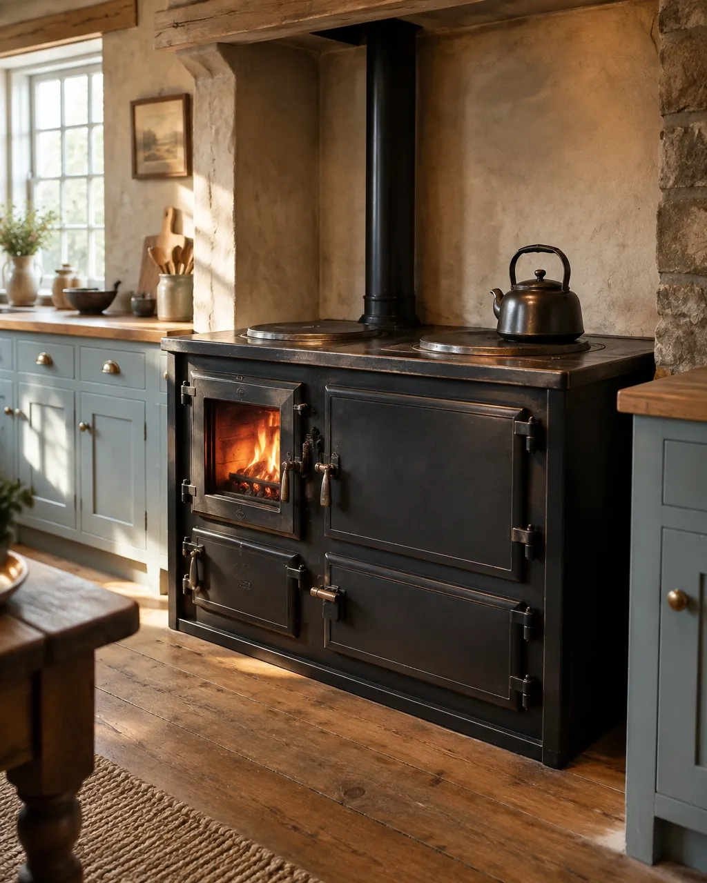 Black steel wood-fired range cooker with hot plates, a kettle and a warm fire in a farmhouse-style kitchen