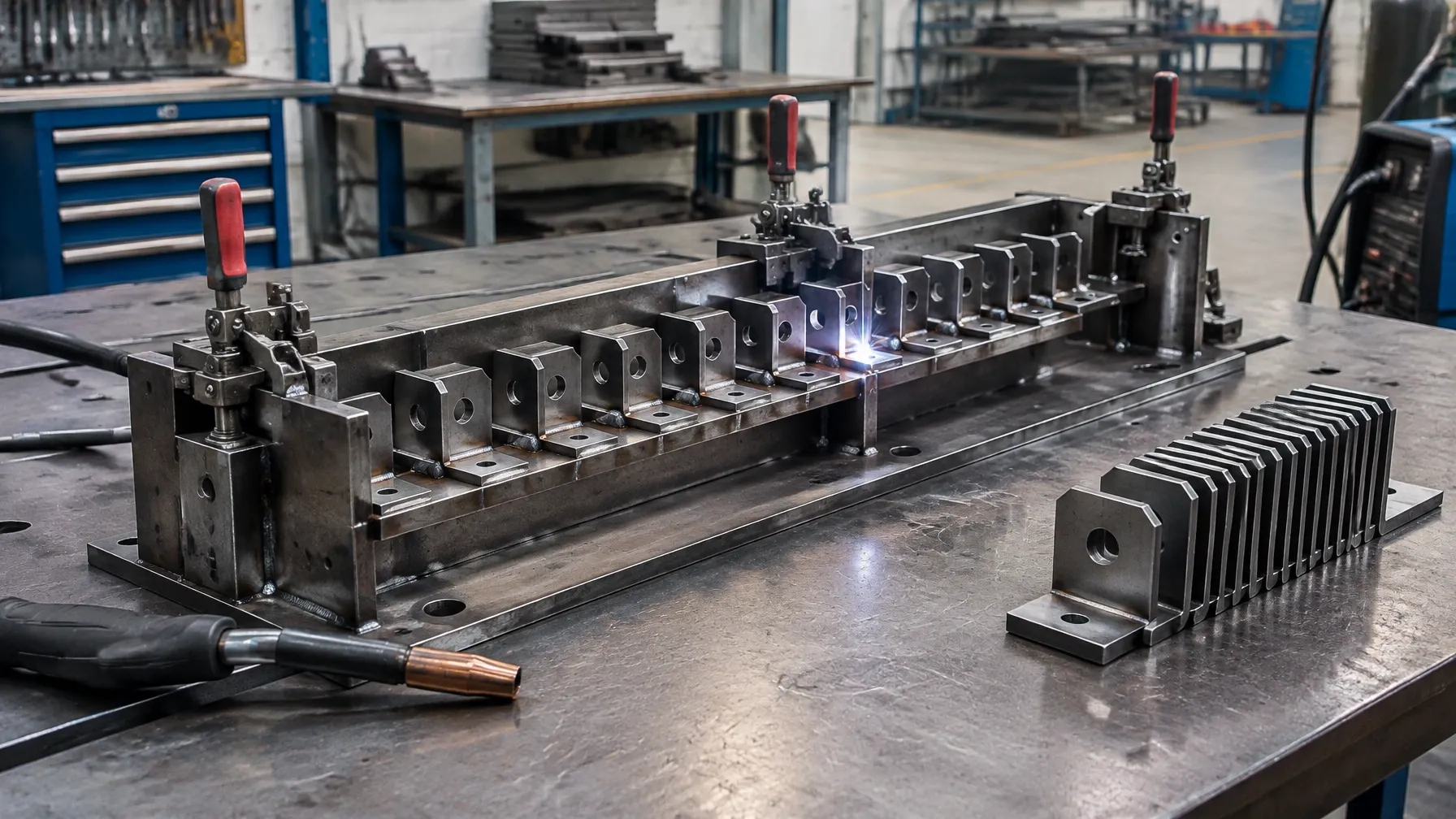 Purpose-made steel jig holding identical brackets during tack welding beside a neat stack of finished brackets in a workshop
