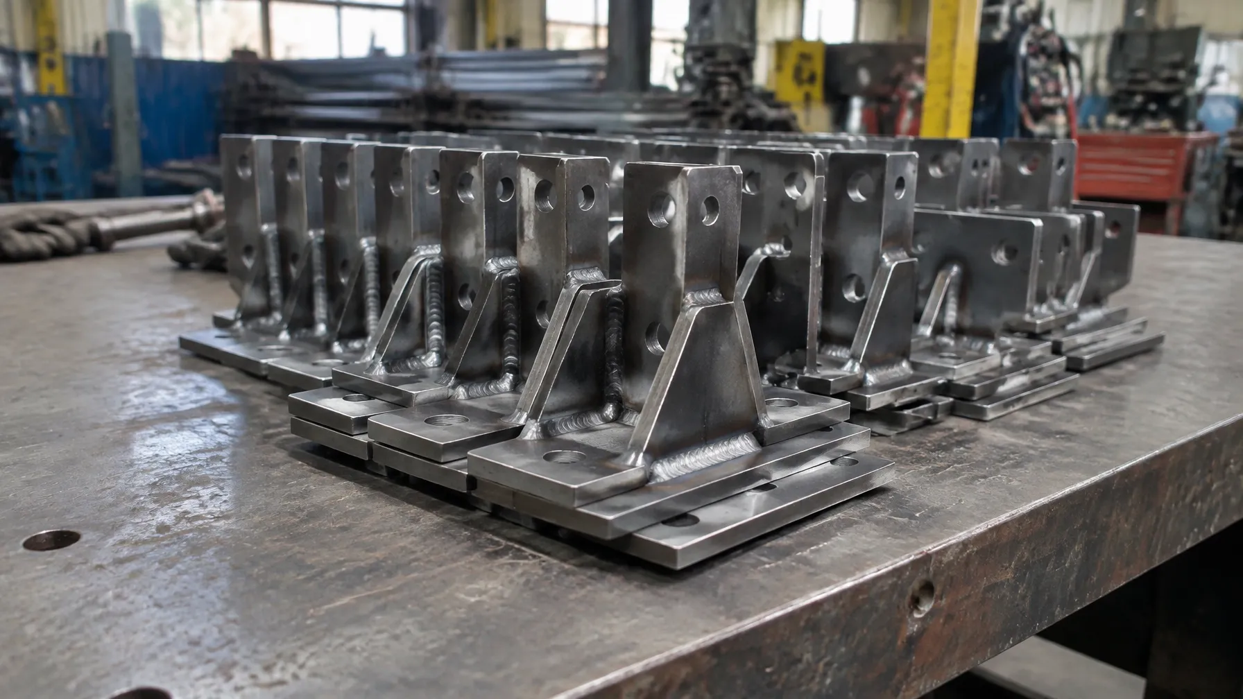 Neatly stacked batch of identical finished steel brackets with consistent welds and drilled holes on a workshop bench
