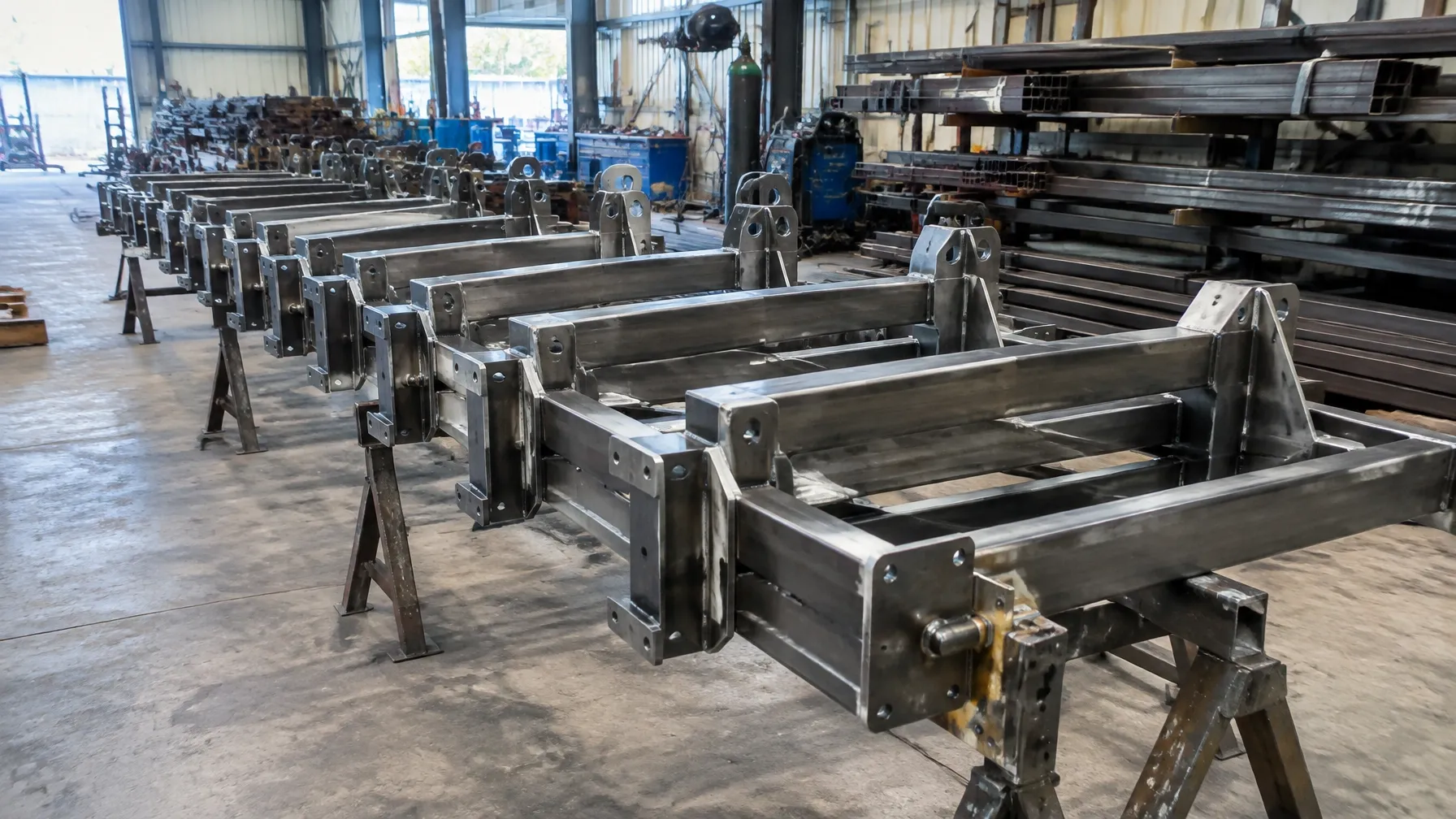 Several identical fabricated steel frames lined up in a workshop ready for despatch