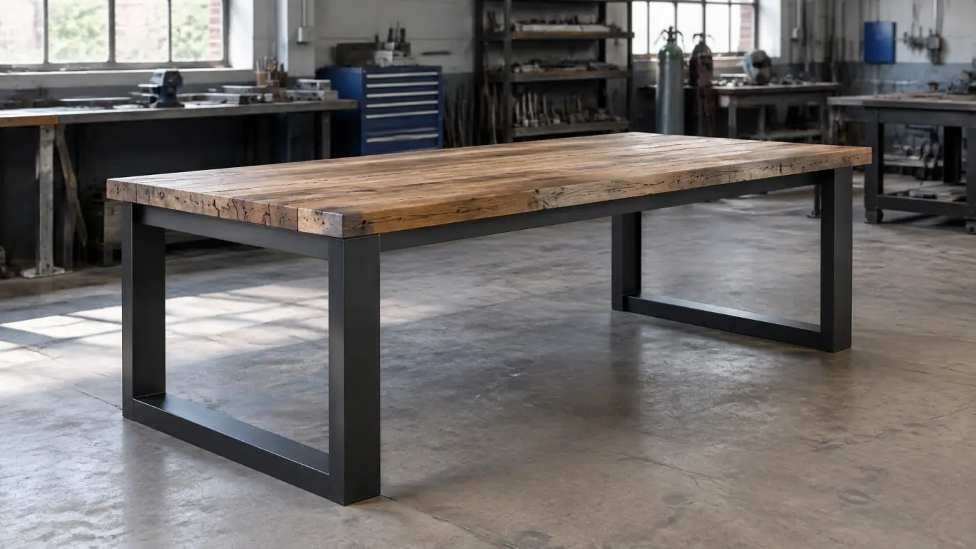 Rustic dining table with a reclaimed timber top and dark powder-coated steel frame
