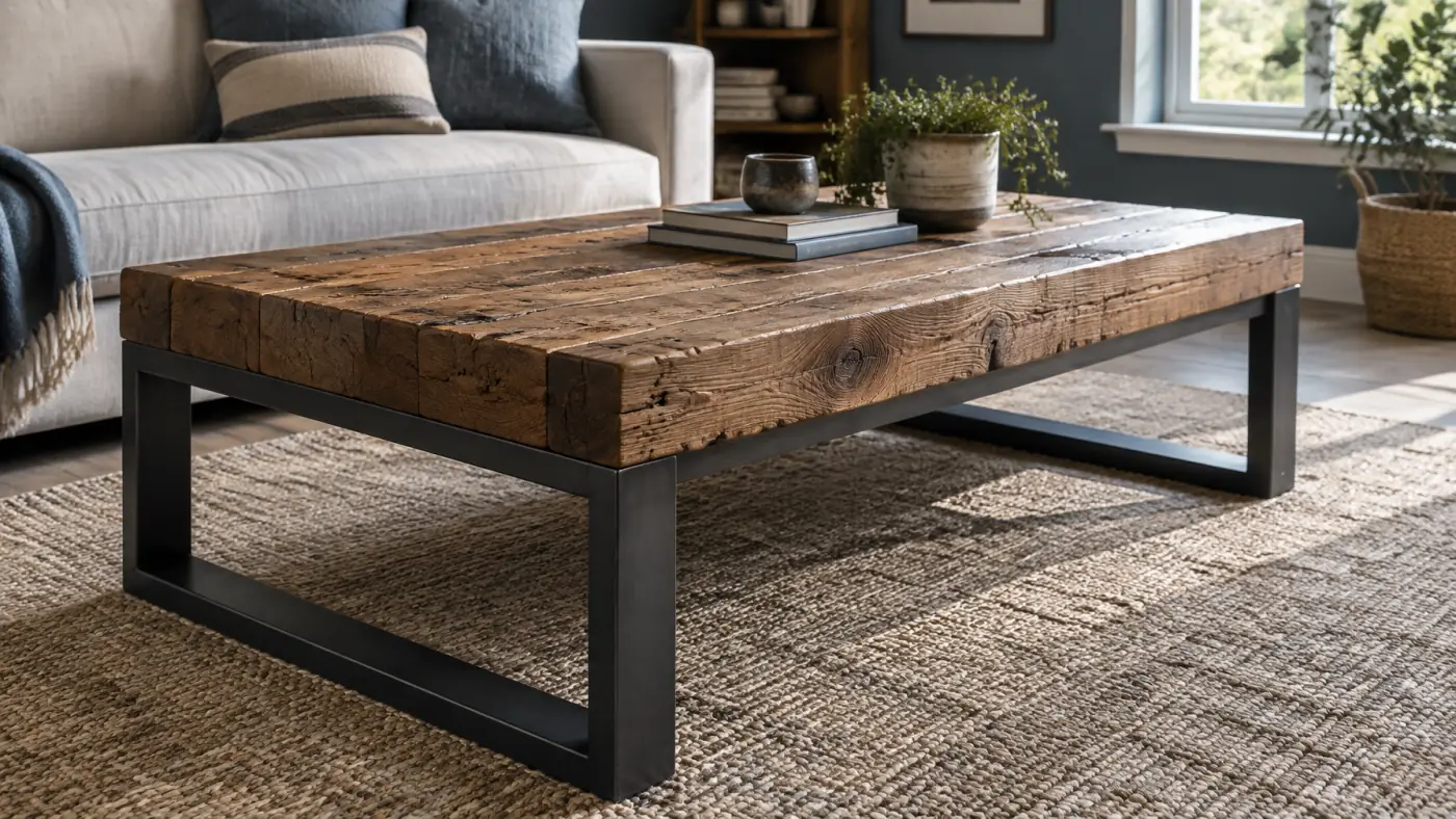 Rustic coffee table with a chunky reclaimed timber top and steel legs