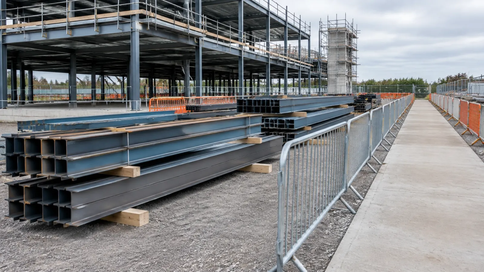 Construction site area with steelwork stacked on timber bearers, barriers and a clear pedestrian walkway