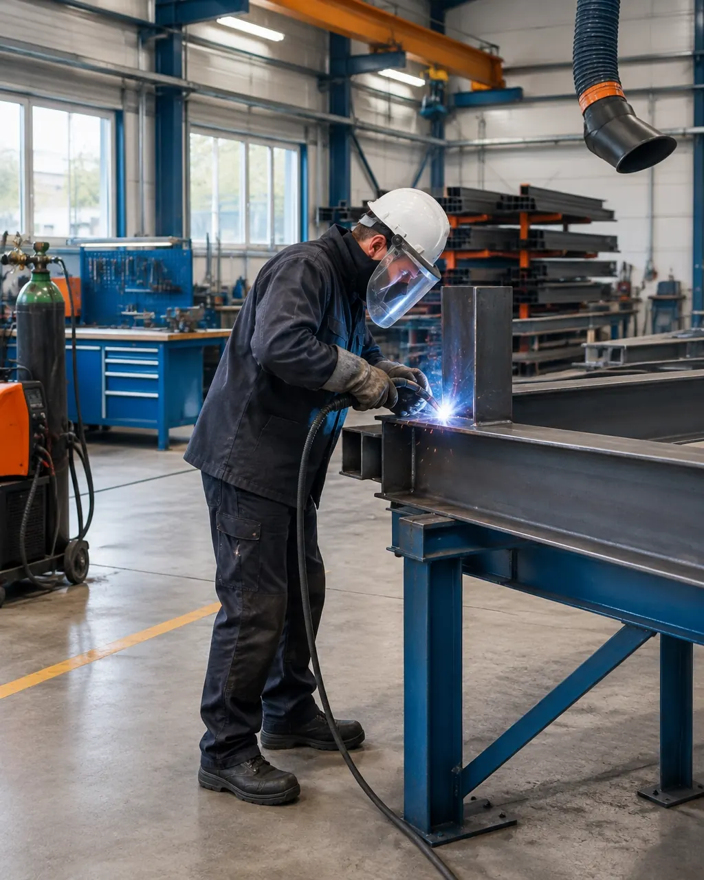 Steel fabricator wearing a helmet, clear visor, gloves and welding gear while working in a tidy workshop