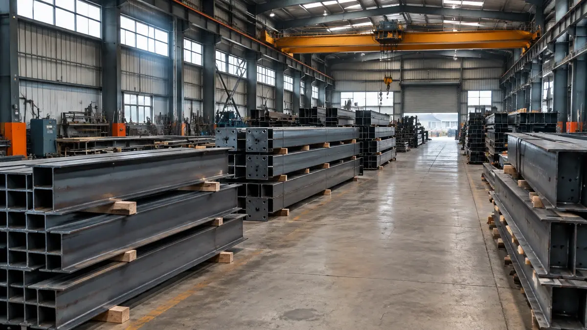 Fabricated steel beams and columns stored in a workshop ready for despatch