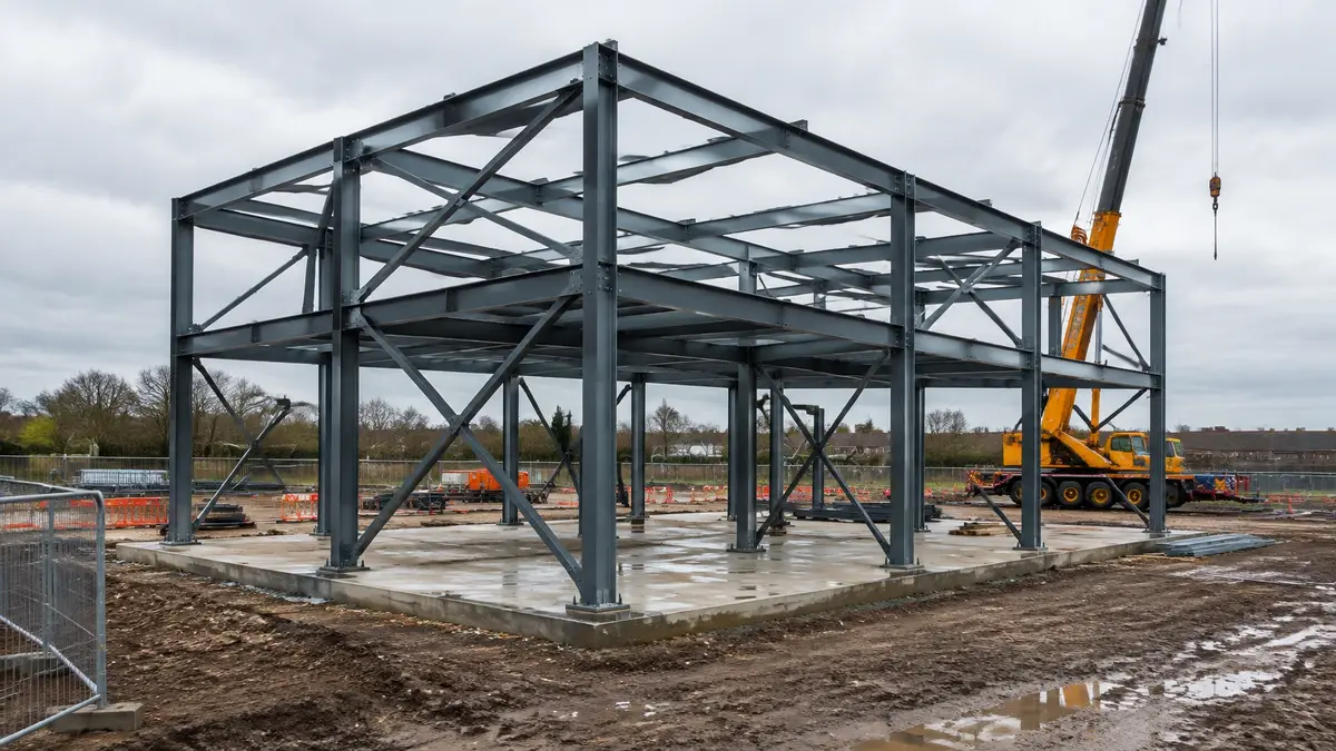 Fabricated structural steel frame with beams and columns standing on a construction site with a crane in the background