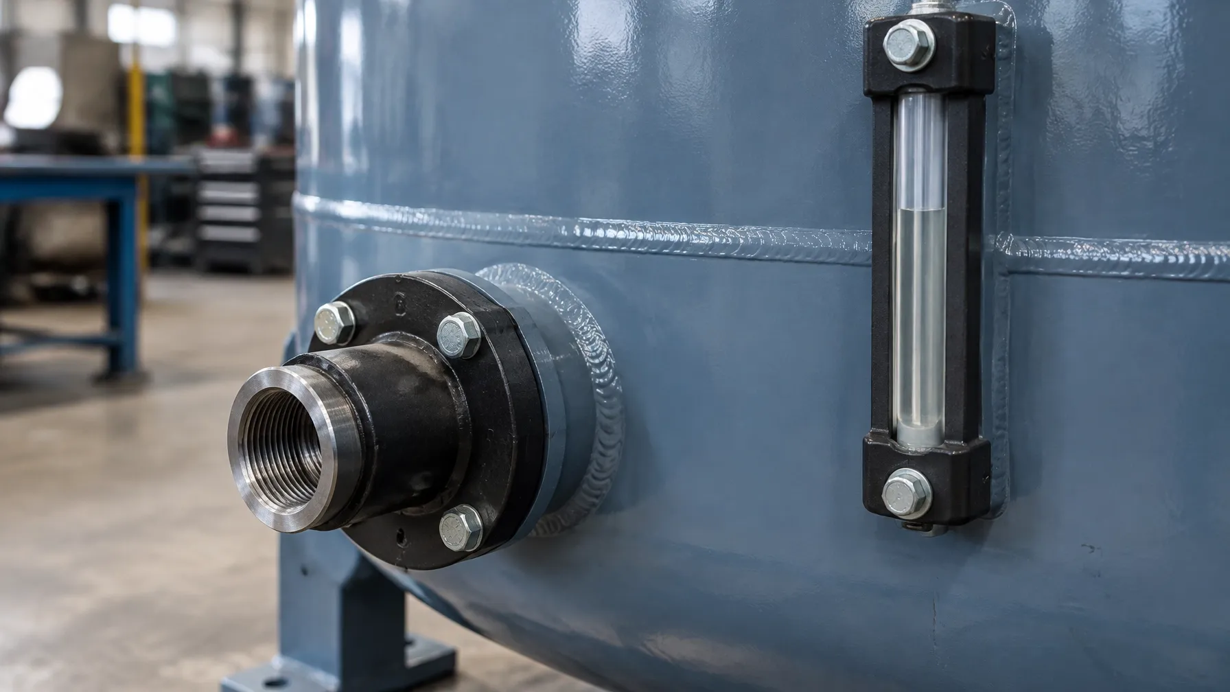 Close-up of a welded steel tank seam, outlet fitting and vertical sight gauge showing a clean painted finish