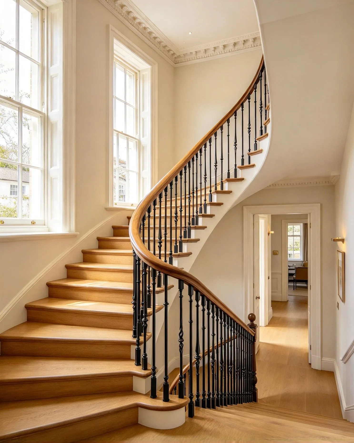 Wide curved oak staircase with black decorative metal railings in a traditional interior