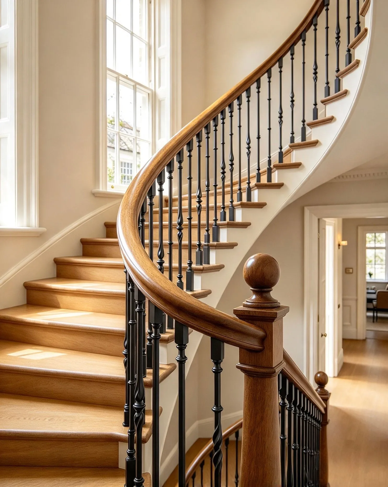 Curved timber staircase with black decorative steel balusters and a polished timber handrail