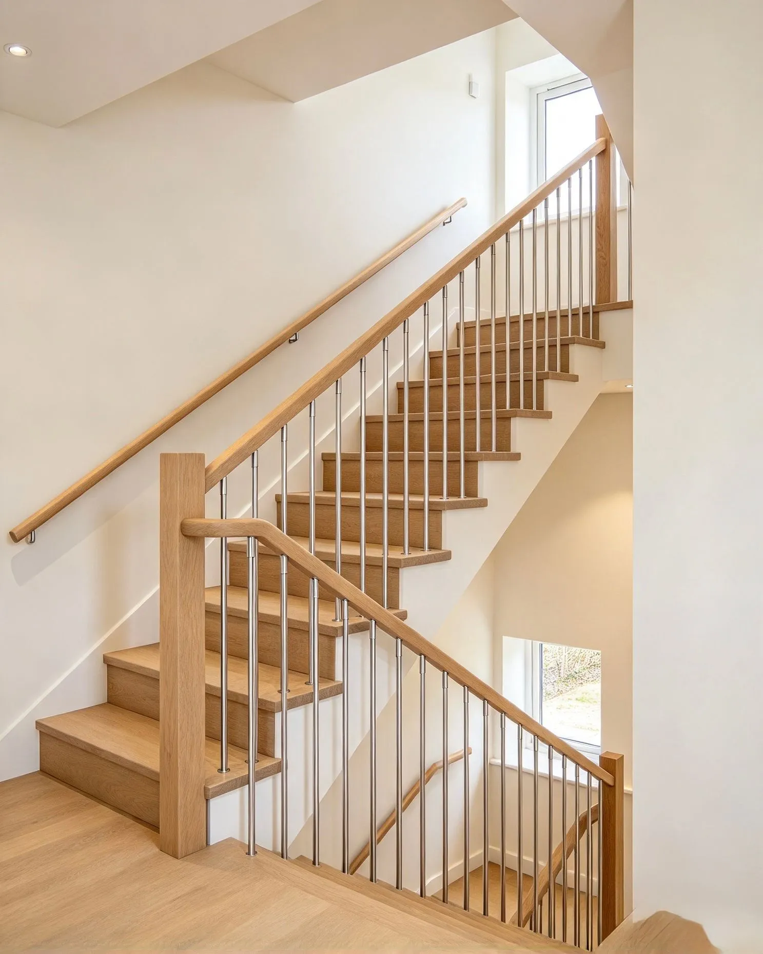 Oak staircase fitted with a timber handrail and slim metal balusters in a bright home