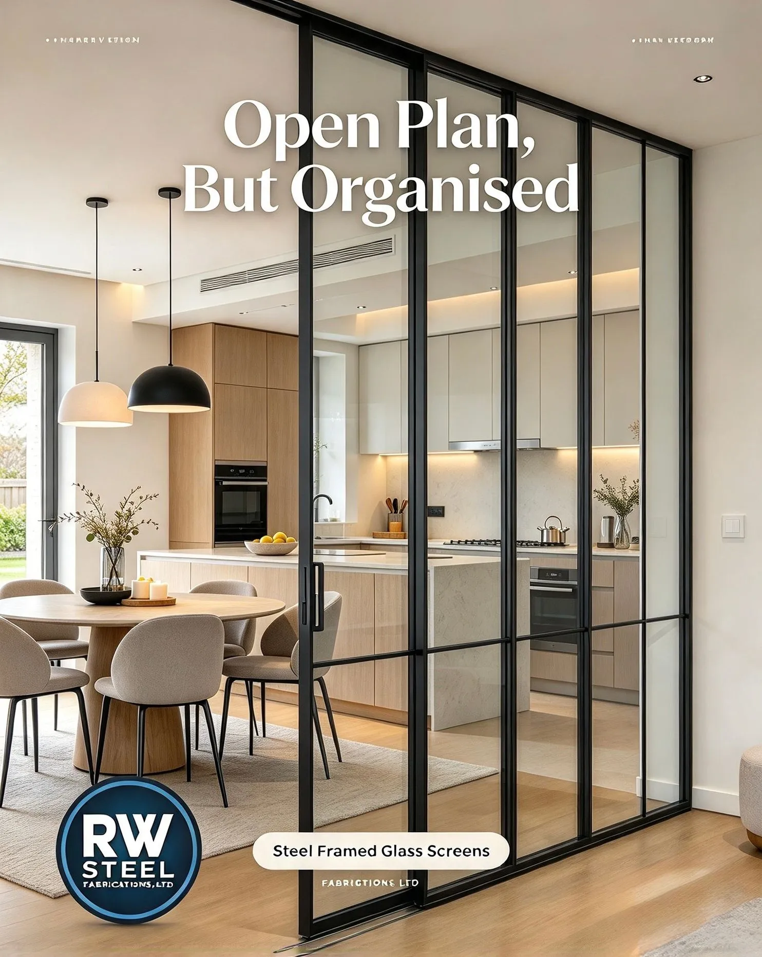 Black-framed glass partition between a bright open-plan kitchen and dining area