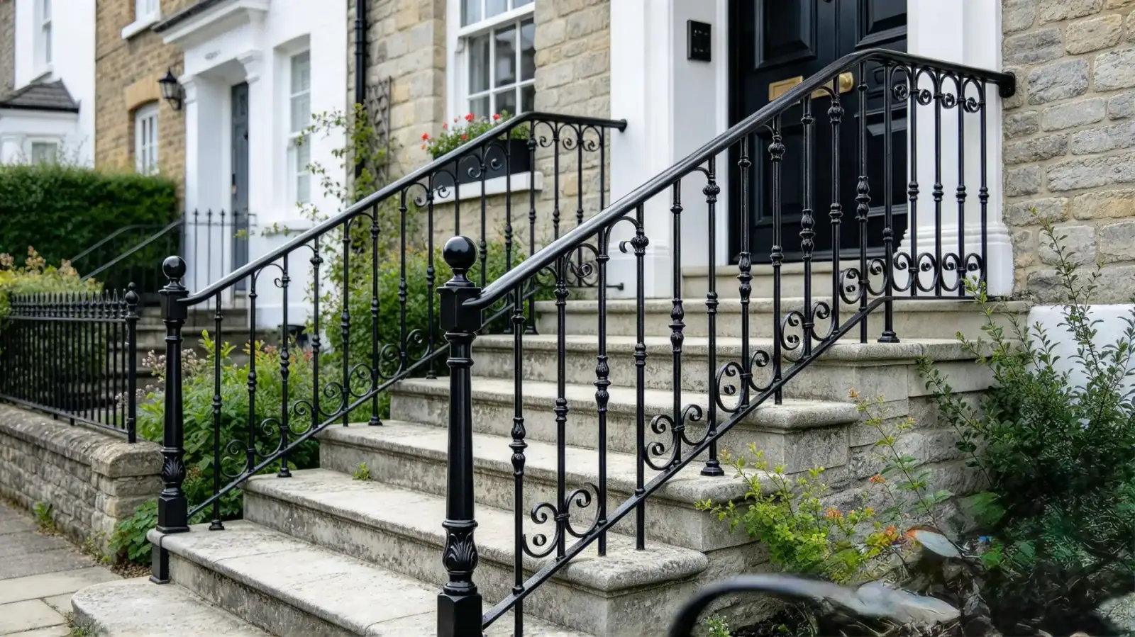 Black steel handrail following stone entrance steps at a light stone home
