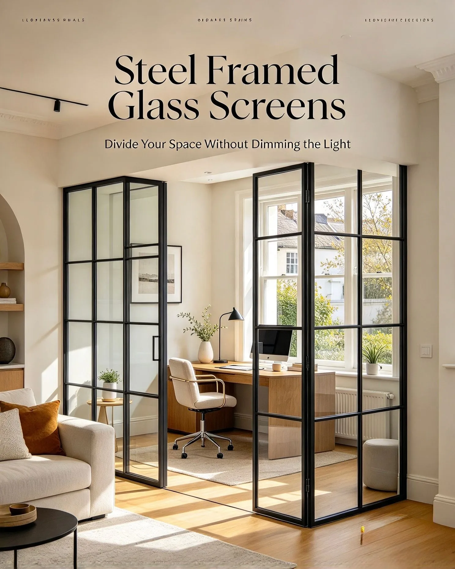 Black steel-framed glass screens dividing a bright modern living and home office space