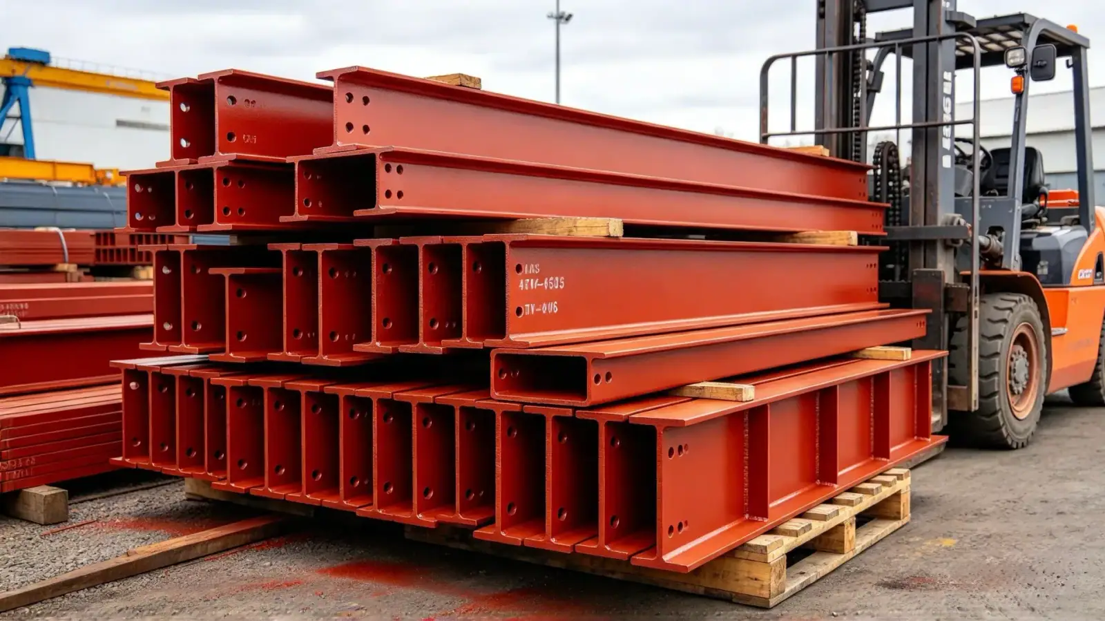 Red-oxide coated steel beams stacked in a yard beside a forklift, ready for dispatch