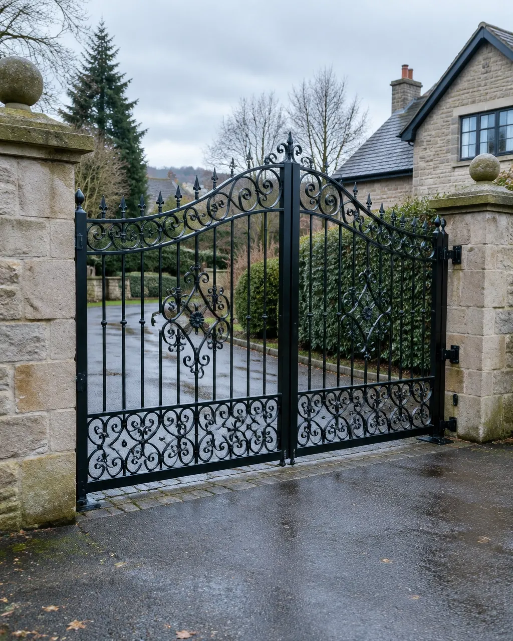 Traditional black powder-coated wrought iron driveway gates with ornate detailing on a stone gate post